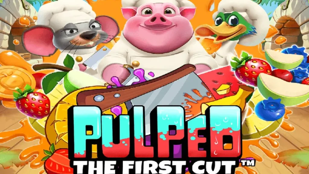 Tampilan visual slot Pulped: The First Cut dengan karakter koki hewan dan simbol buah-buahan.