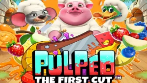 Tampilan visual slot Pulped: The First Cut dengan karakter koki hewan dan simbol buah-buahan.