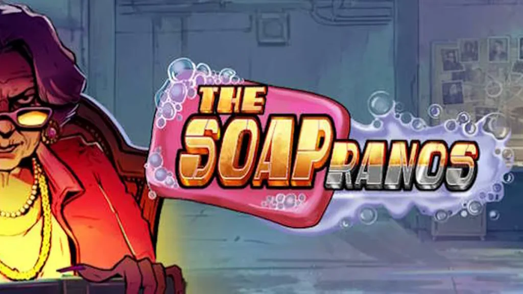 Tampilan visual slot Soapranos dengan elemen neon dan simbol kriminal
