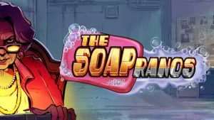 Tampilan visual slot Soapranos dengan elemen neon dan simbol kriminal