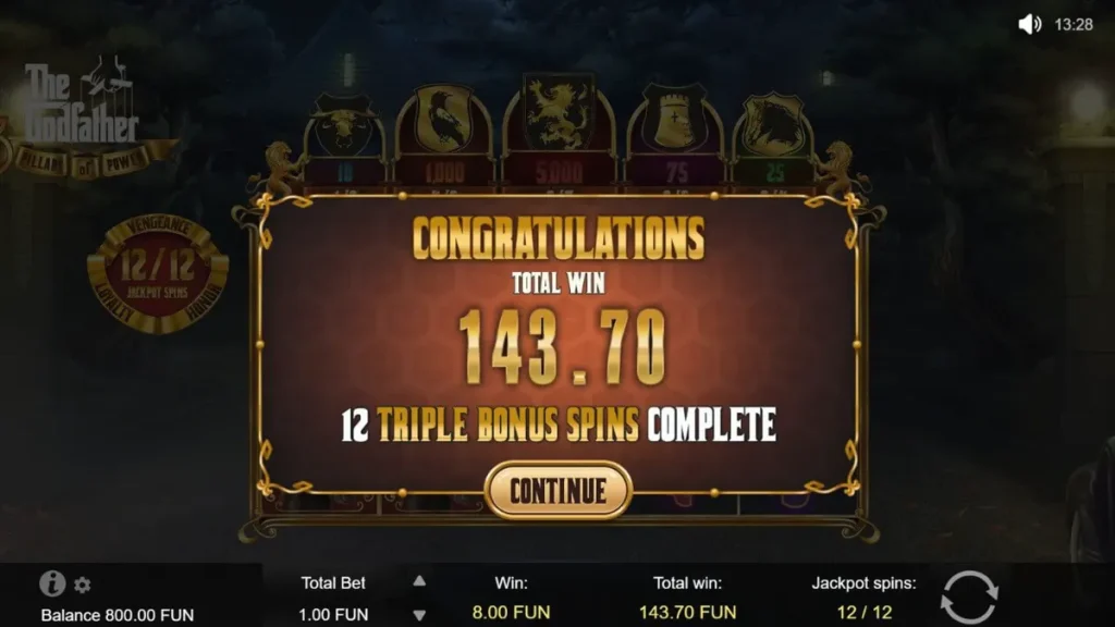 The Godfather: 3 Pillars of Power slot machine interface with cinematic mob theme