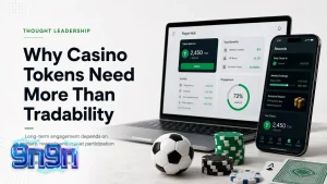 Antarmuka digital modern yang menampilkan elemen permainan slot dan token kripto.